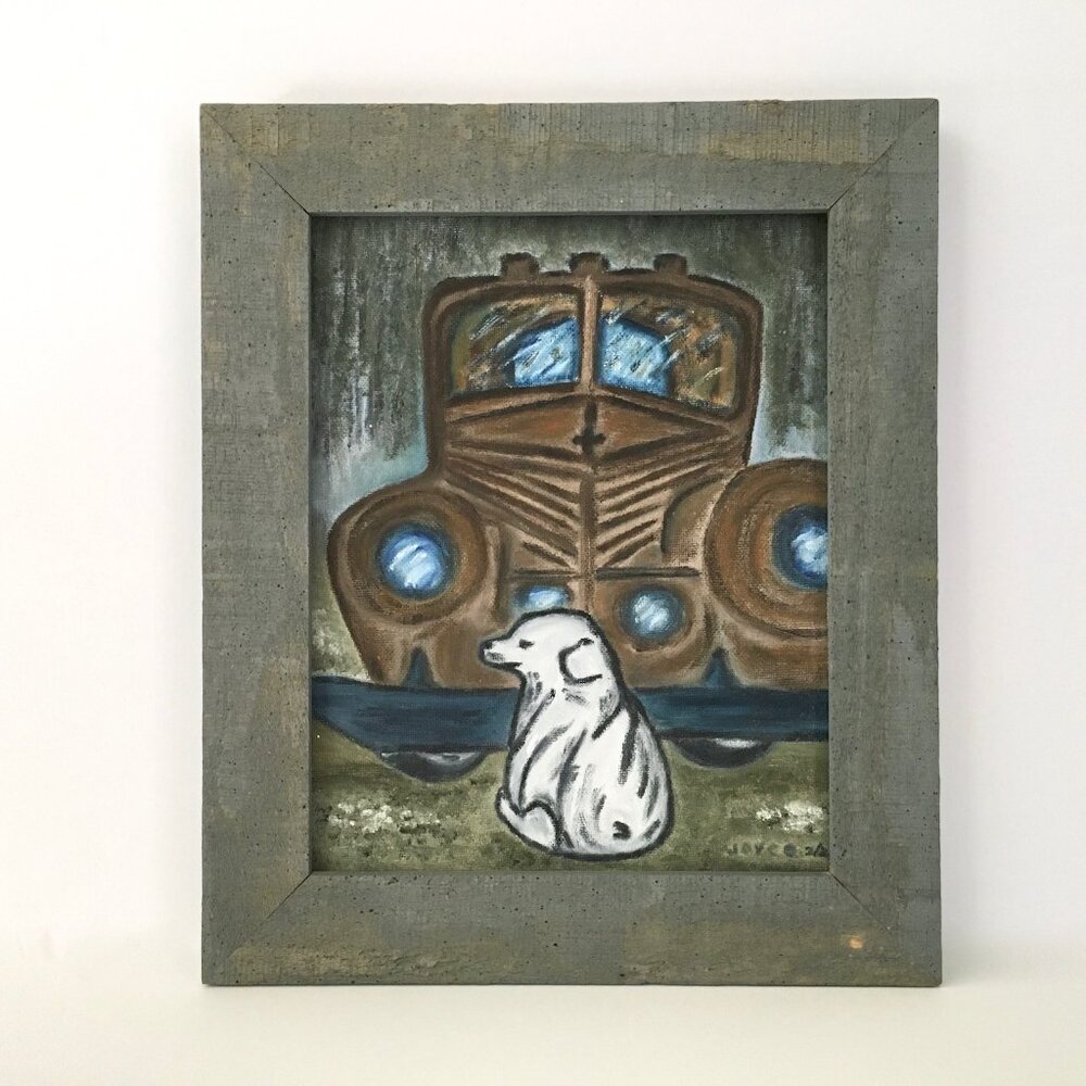 Naïve Folk Art Painting of Dog and Classic Car by Louisiana artist Cabin Decor